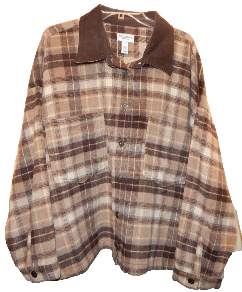 Arizona Womens Juniors MEDIUM Midweight Shirt Jacket Brown Plaid Corduroy Collar